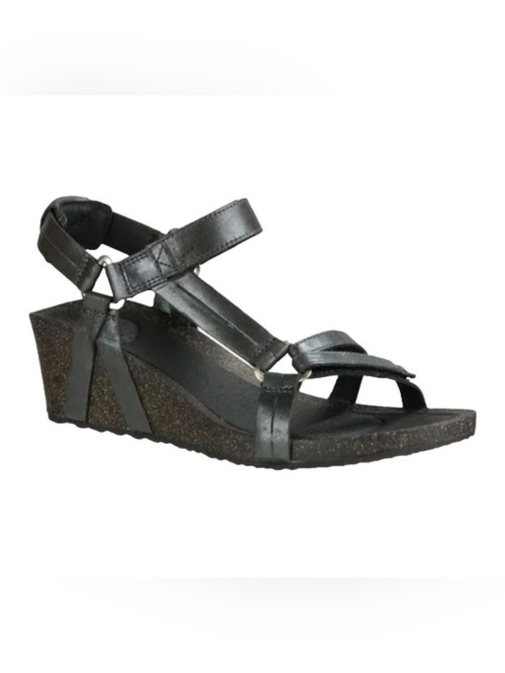 Teva Black Leather Strappy Wedge Sandal